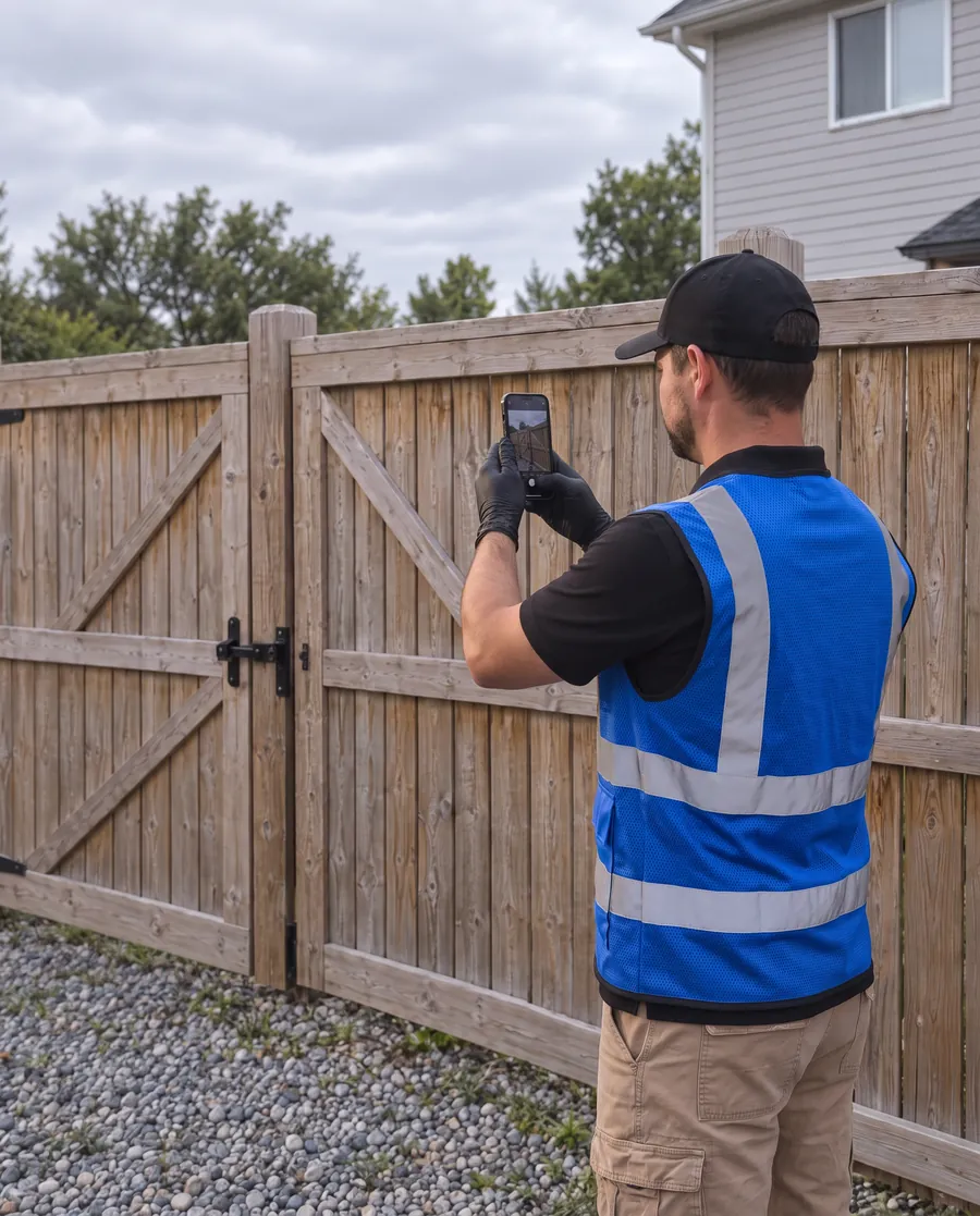 A Holy Crap scooper taking a phone photo of a latched backyard gate