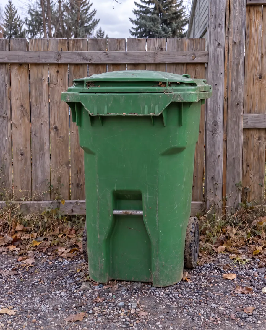 A City of Calgary green cart beside a backyard fence