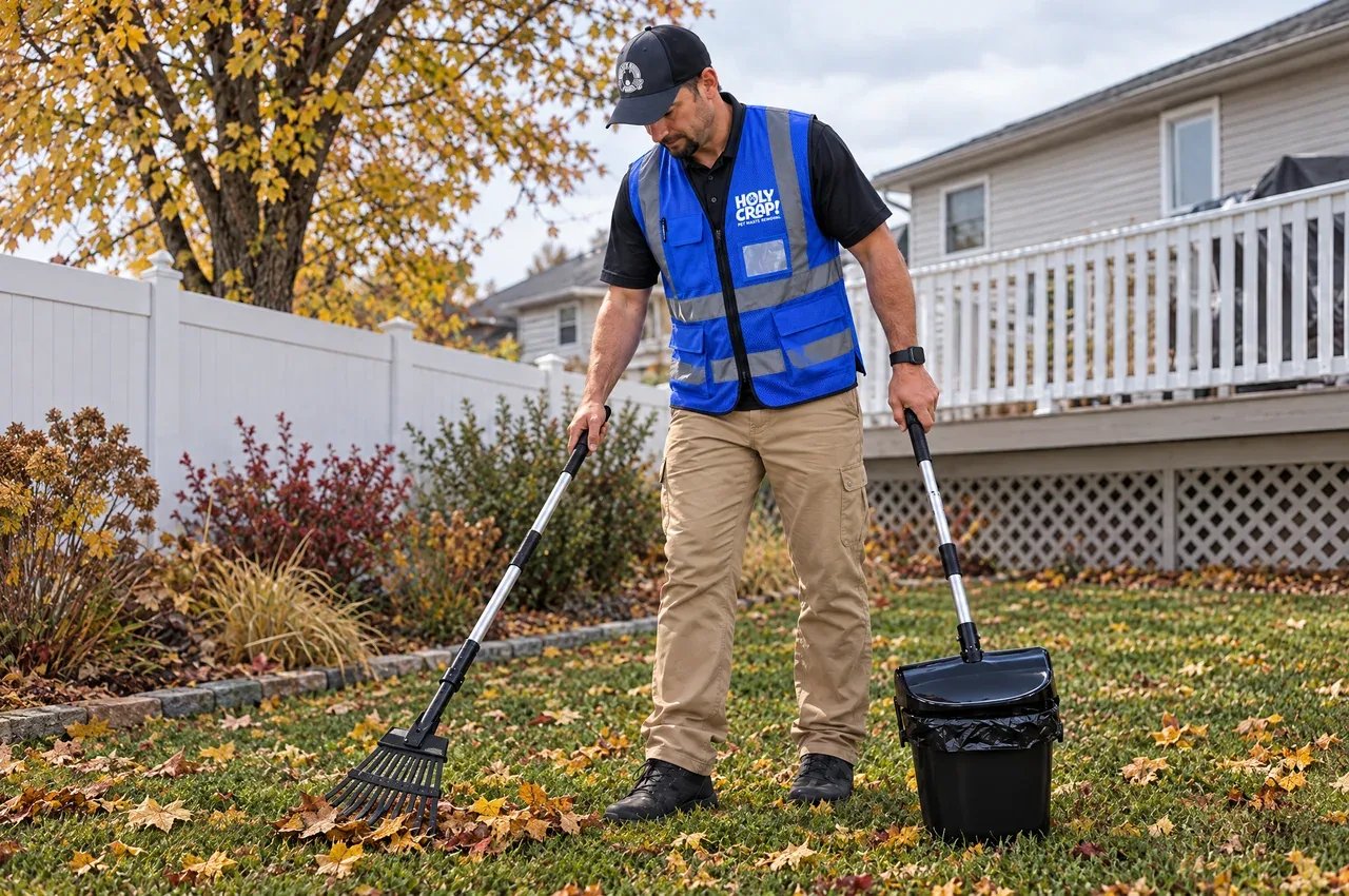 A Holy Crap scooper in a blue vest cleaning up a backyard lawn with a rake and bin